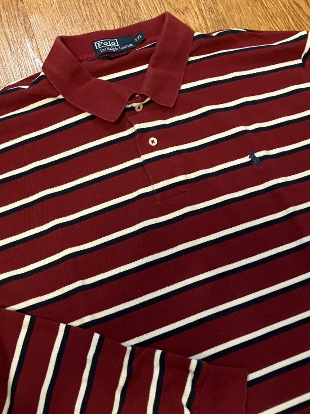Vtg 90's Polo Ralph Lauren Long Sleeve Mesh Polo Shirt Striped Maroon XXL Pony